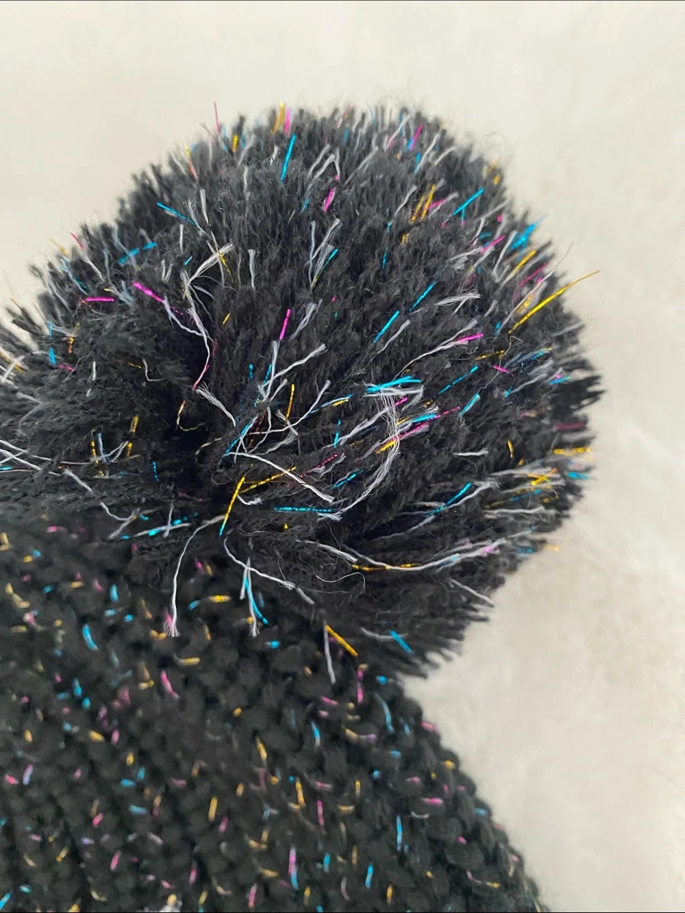 Justice Black Knit Beanie with Double Pom Poms and Glitter 'K' Patch